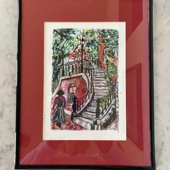ANN STOCKDALE Watercolor Home Steps Pedestrian in DC Matted Framed Print 1994 - Picture 9 of 16